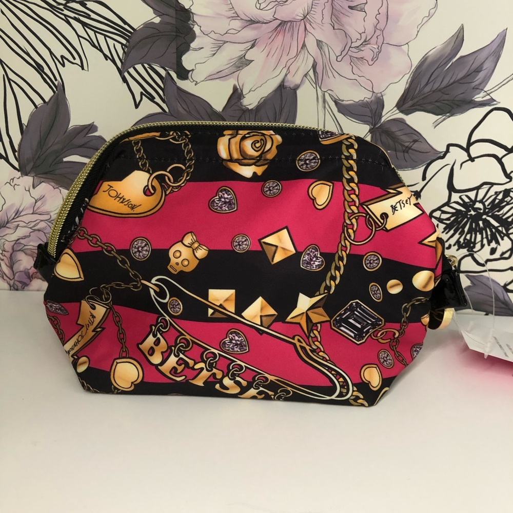 NEW Betsy Johnson Cosmetic Make up Travel Bag Pink Rose Jewelry Bling Zip Pouch - Picture 6 of 15